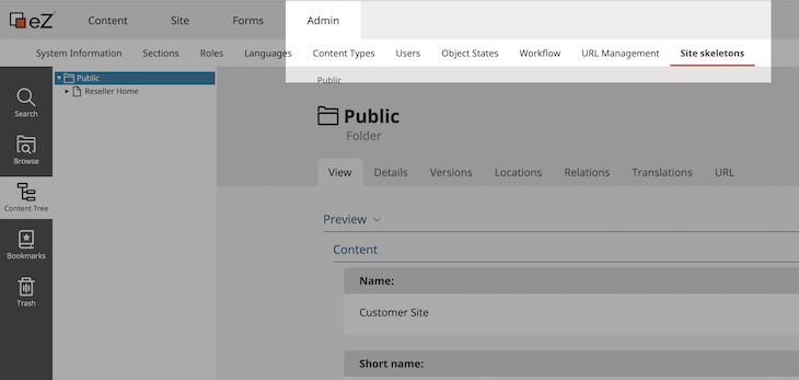 Navigating to the Site Skeleton view in eZ Platform